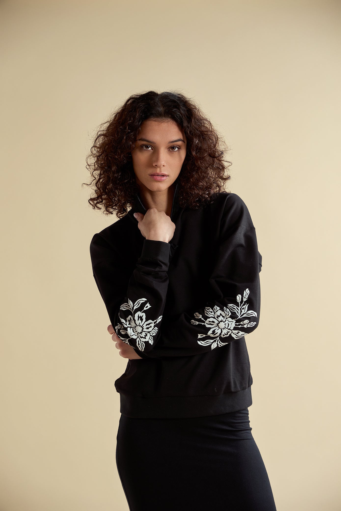 Quater Zip Sweatshirt with Floral Printed Sleeve