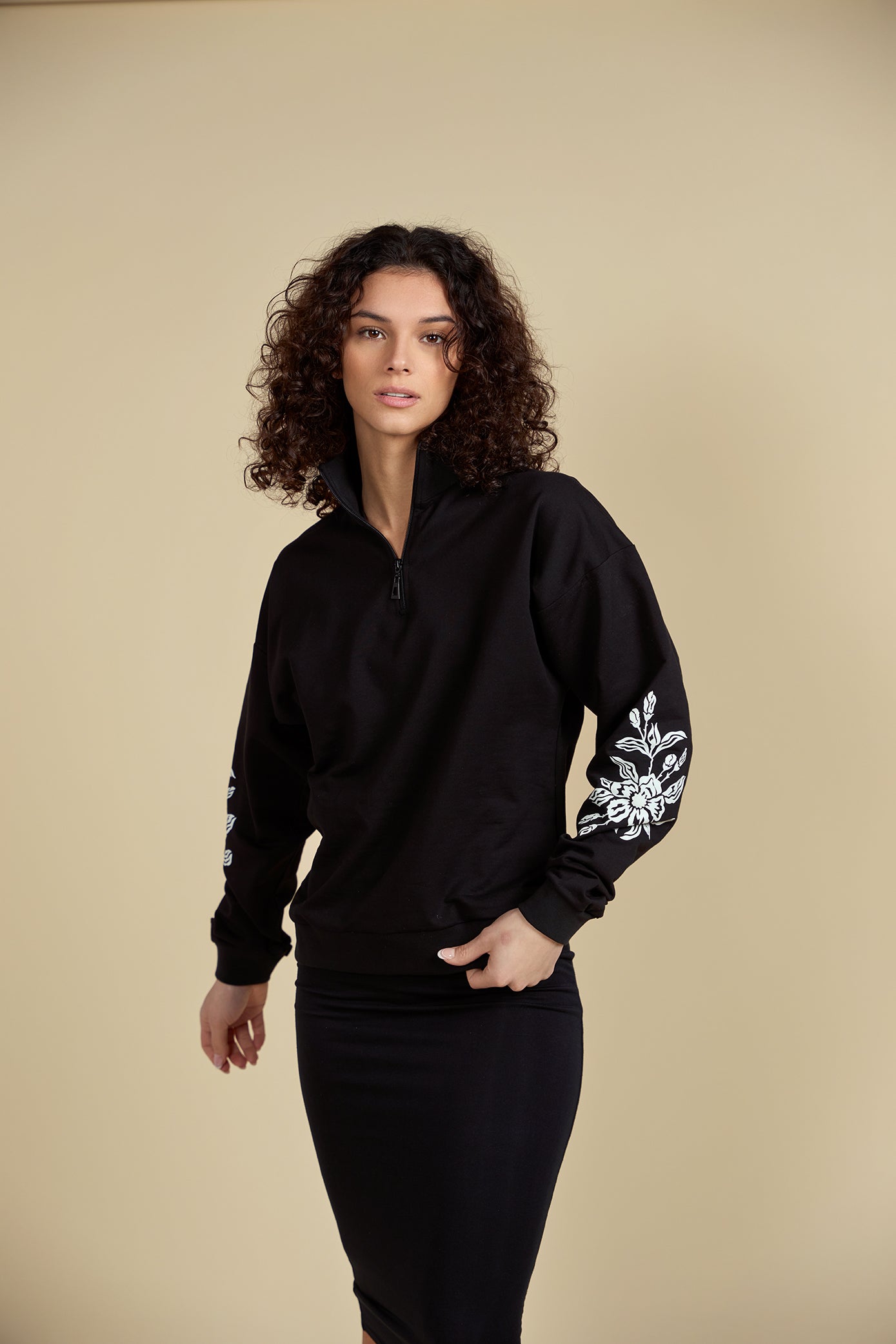 Quater Zip Sweatshirt with Floral Printed Sleeve