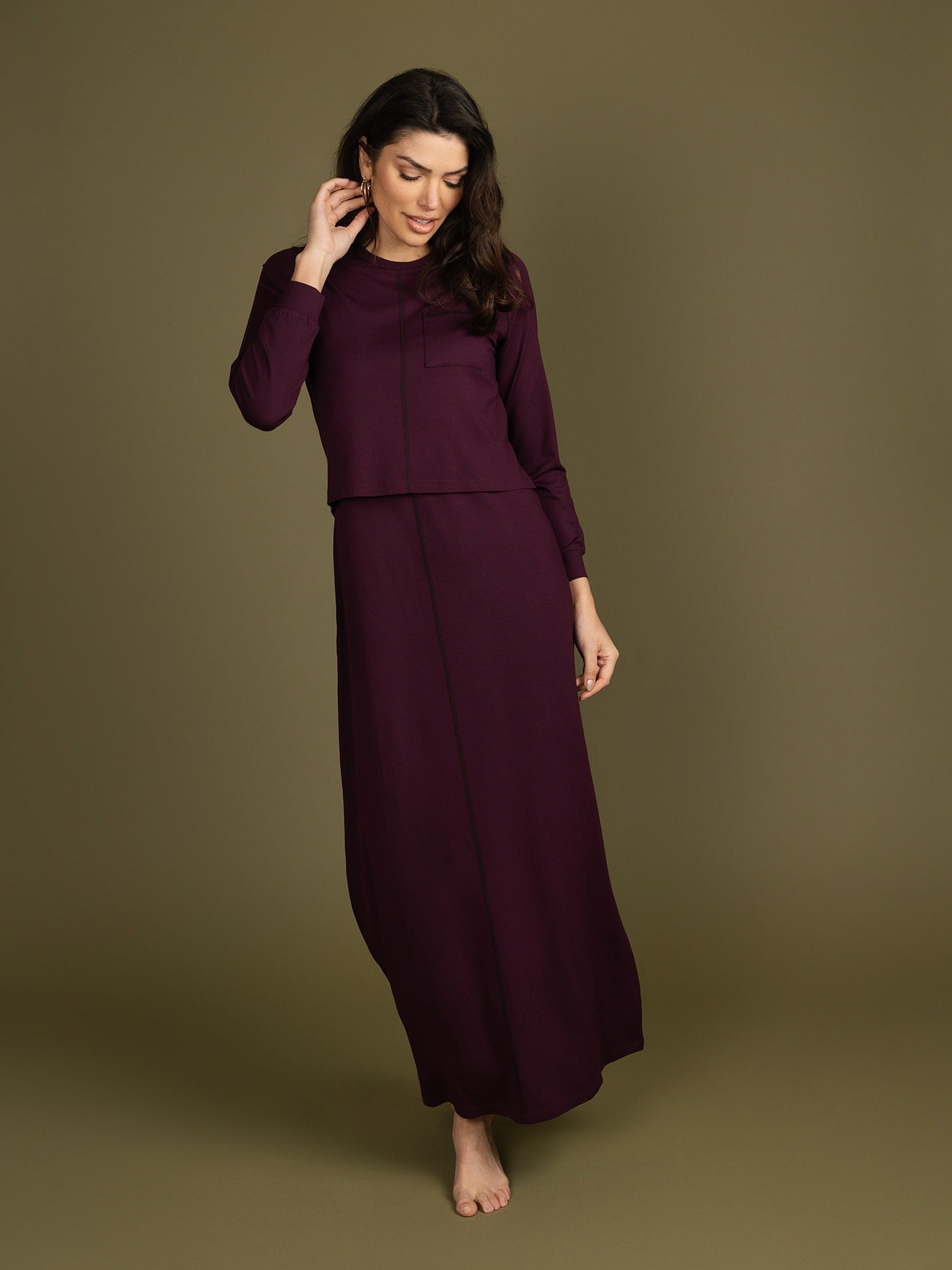 Exposed Stiching Nursing Nightgown - Plum