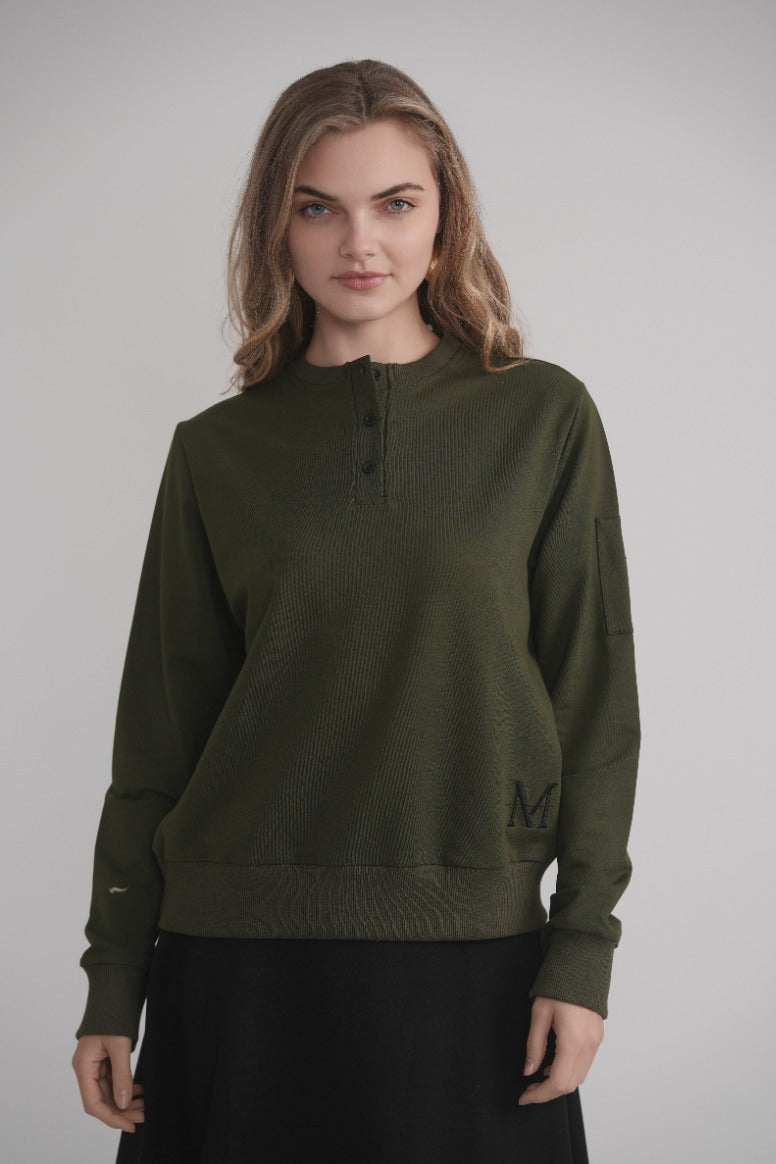 Dolman Sleeve Button Sweatshirt - Khaki