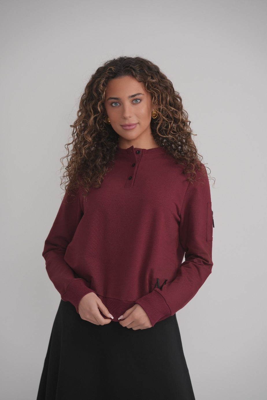 Dolman Sleeve Button Sweatshirt - Wine