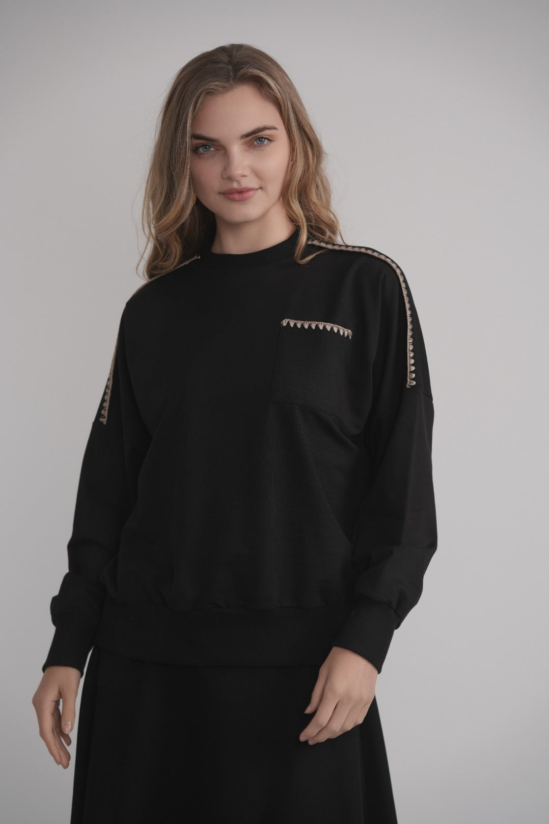 French Terry Sweatshirt with Blanket Stitch - Mocha