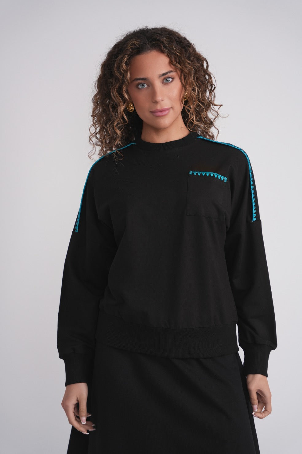 French Terry Sweatshirt with Blanket Stitch - Cobalt