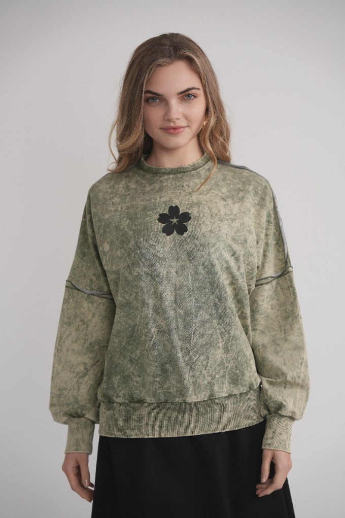 Acid Wash Dolman Sweatshirt - Green