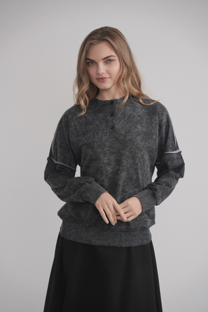 Acid Wash Sweatshirt With Buttons - Grey