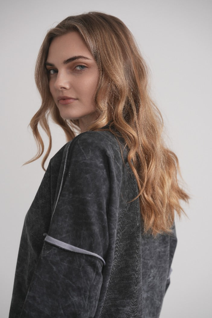 Acid Wash Sweatshirt With Buttons - Grey