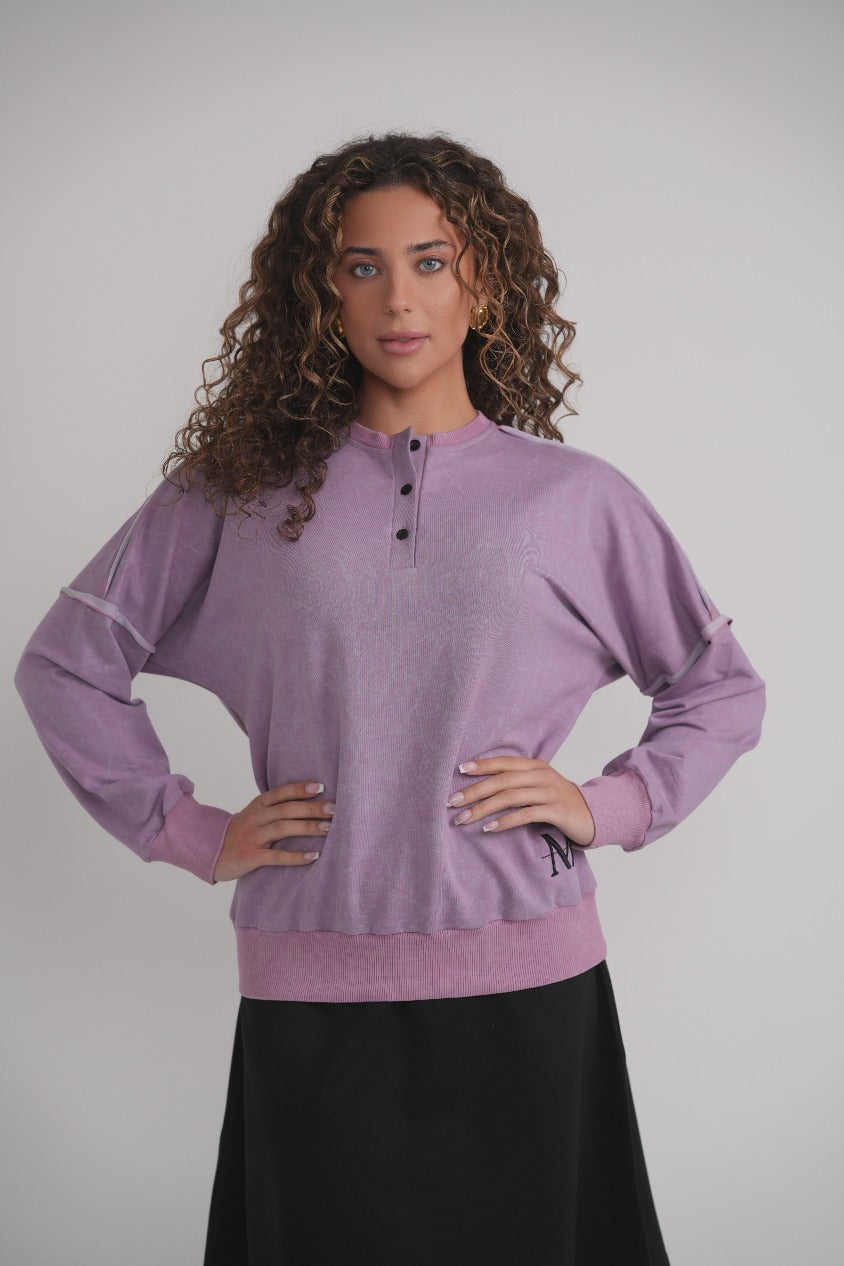 Acid Wash Sweatshirt With Buttons - Lavender