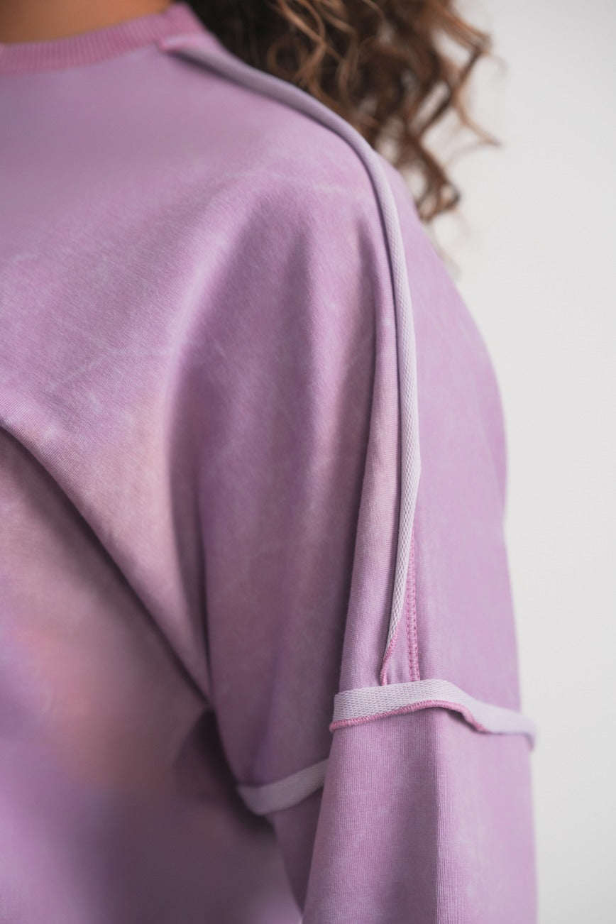 Acid Wash Sweatshirt With Buttons - Lavender