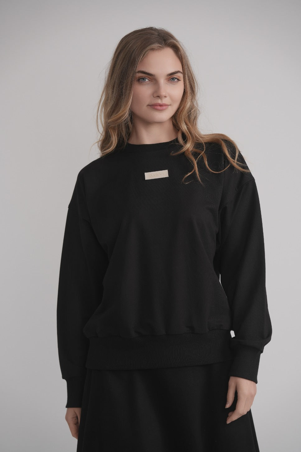 Black Sweatshirt With Leather Embossed Logo