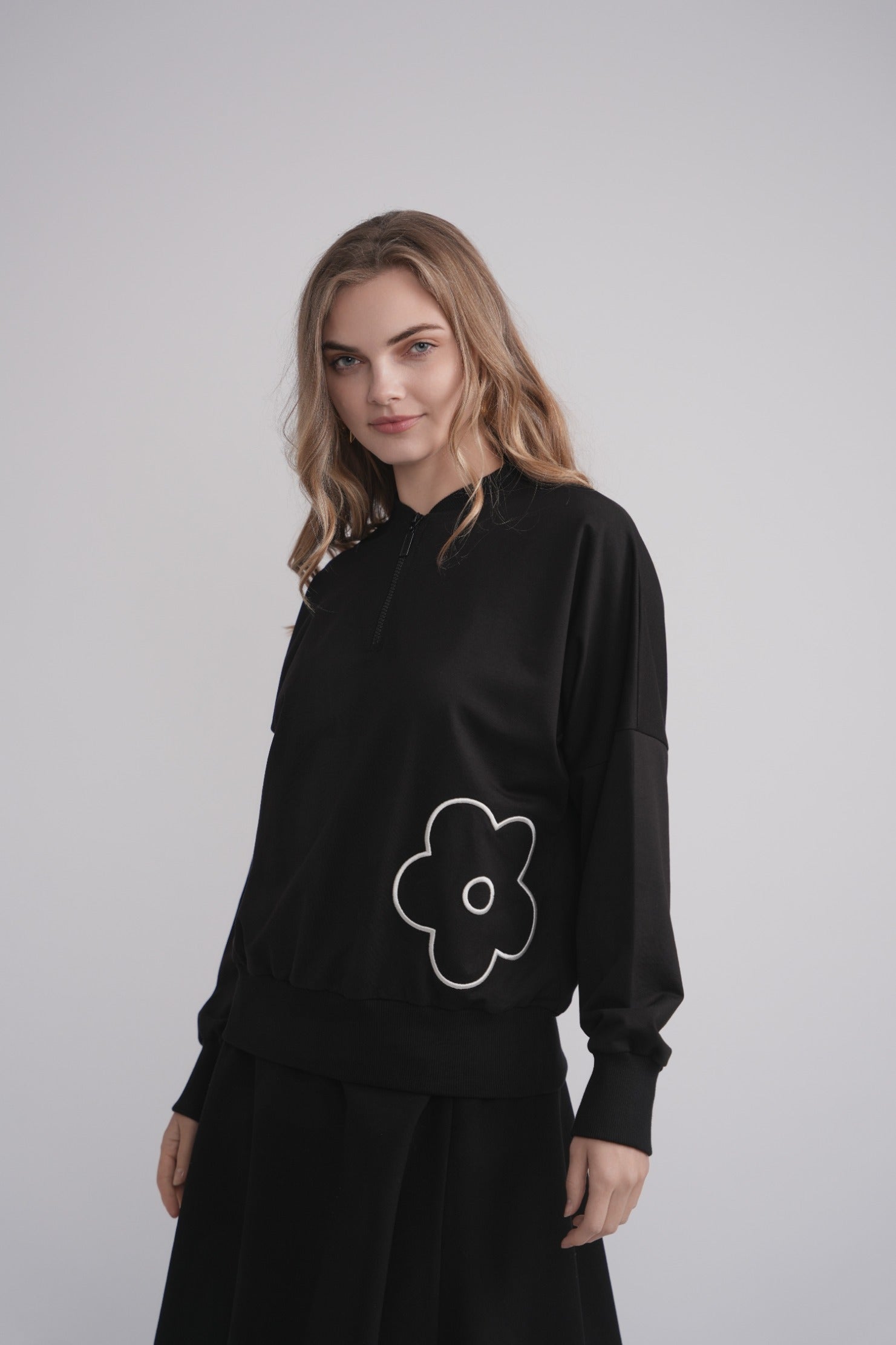 Embroidered Flower Half Zip Sweatshirt