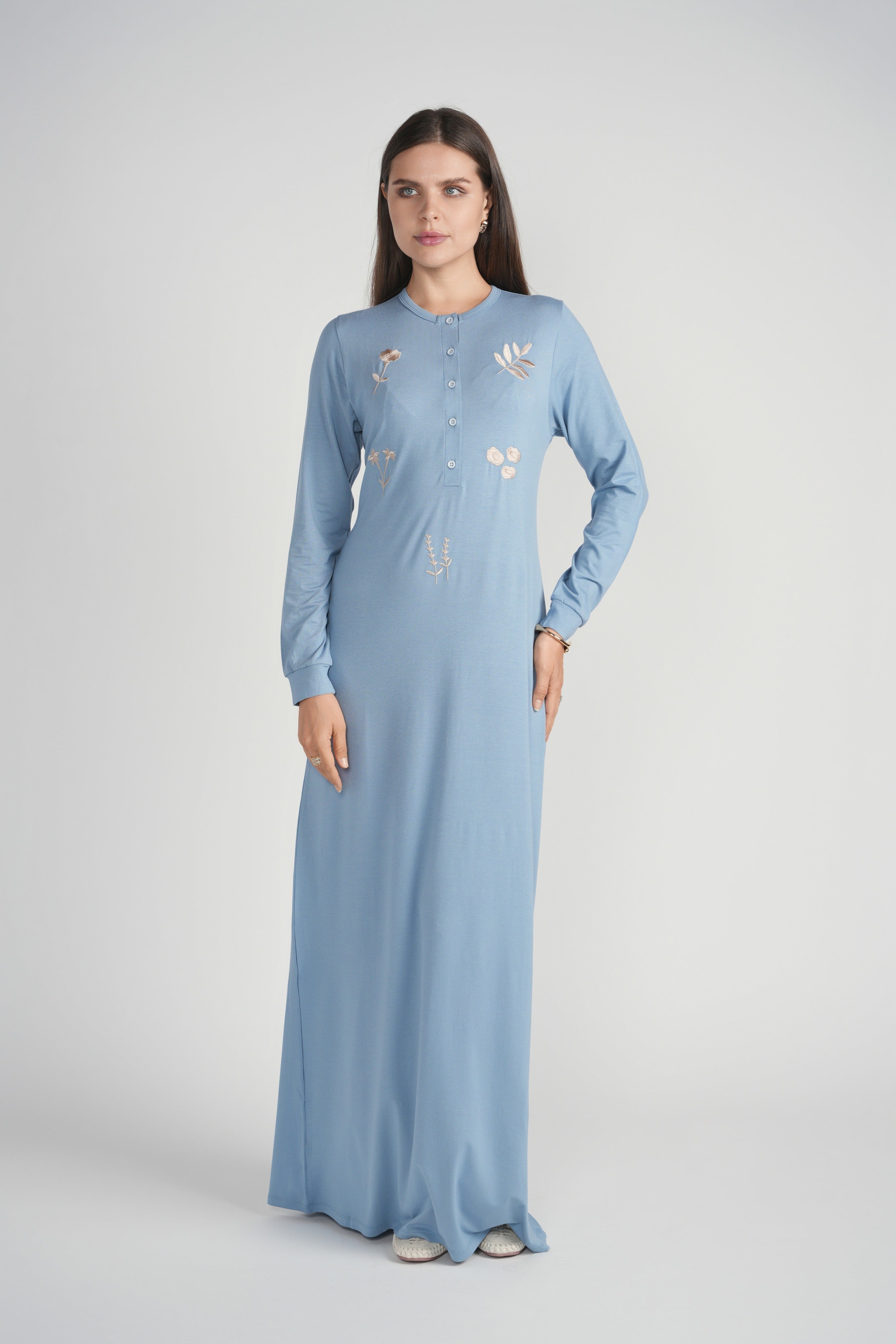 Flower Detail Button Nightgown- Blue