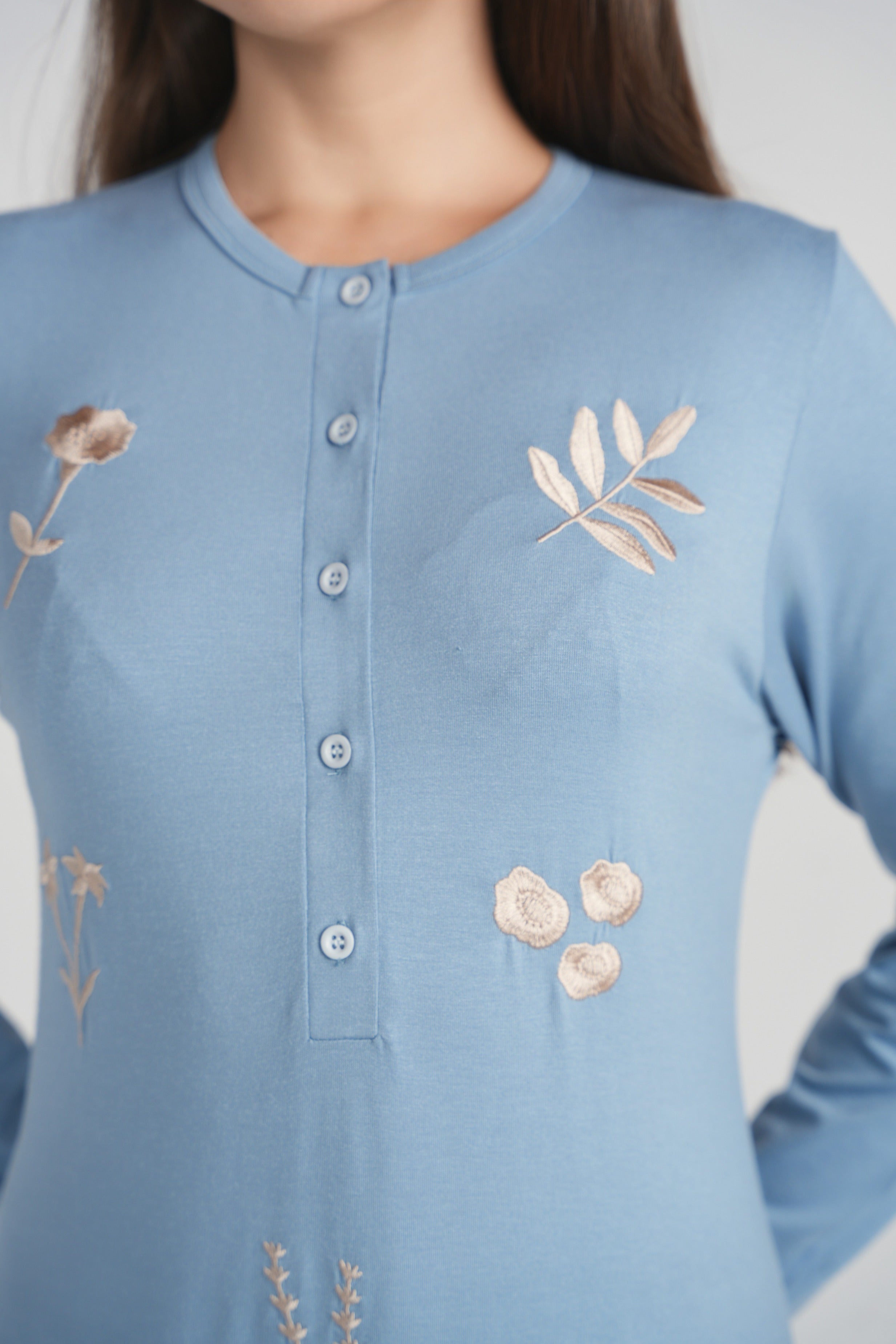 Flower Detail Button Nightgown- Blue