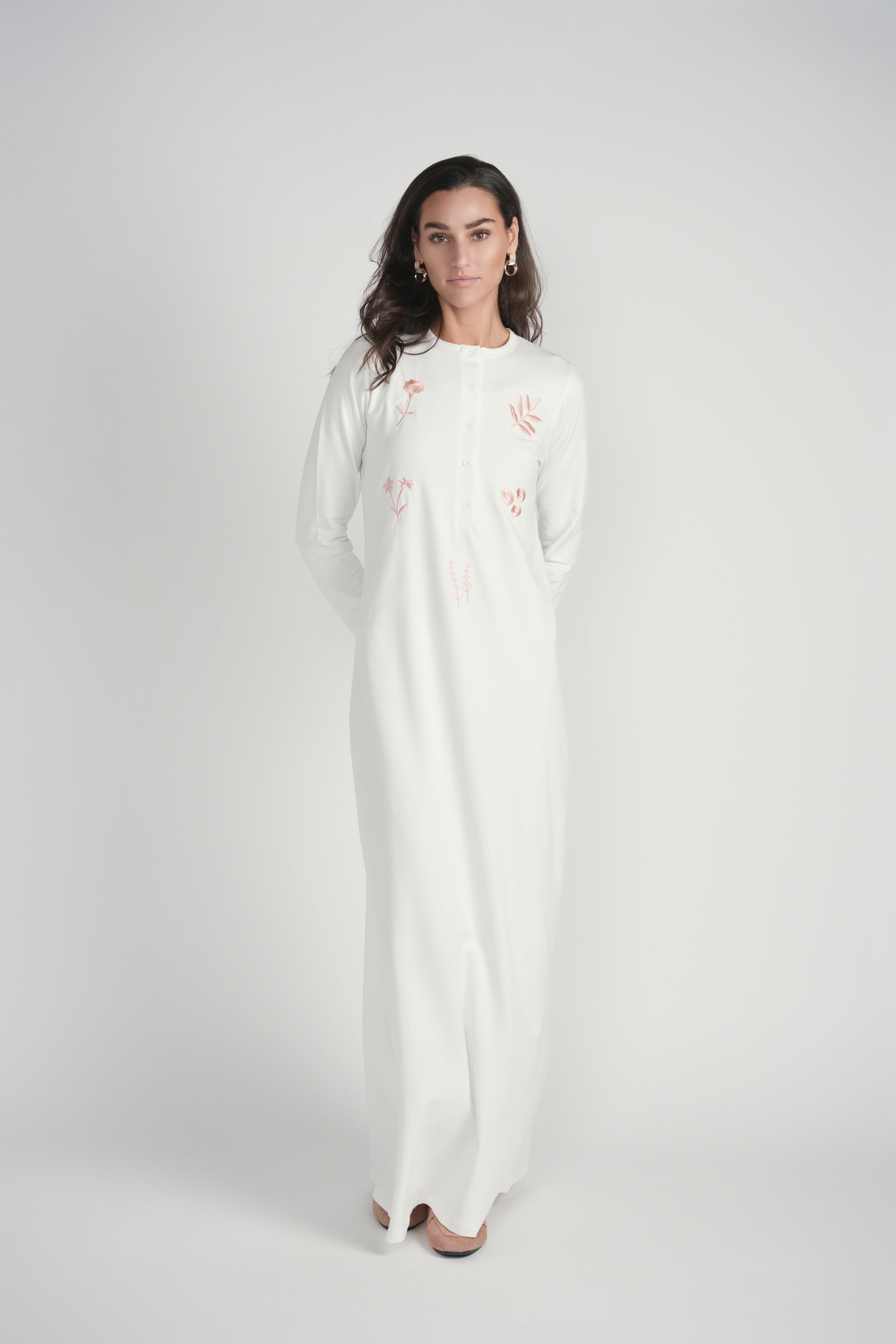 Flower Detail Button Nightgown- White