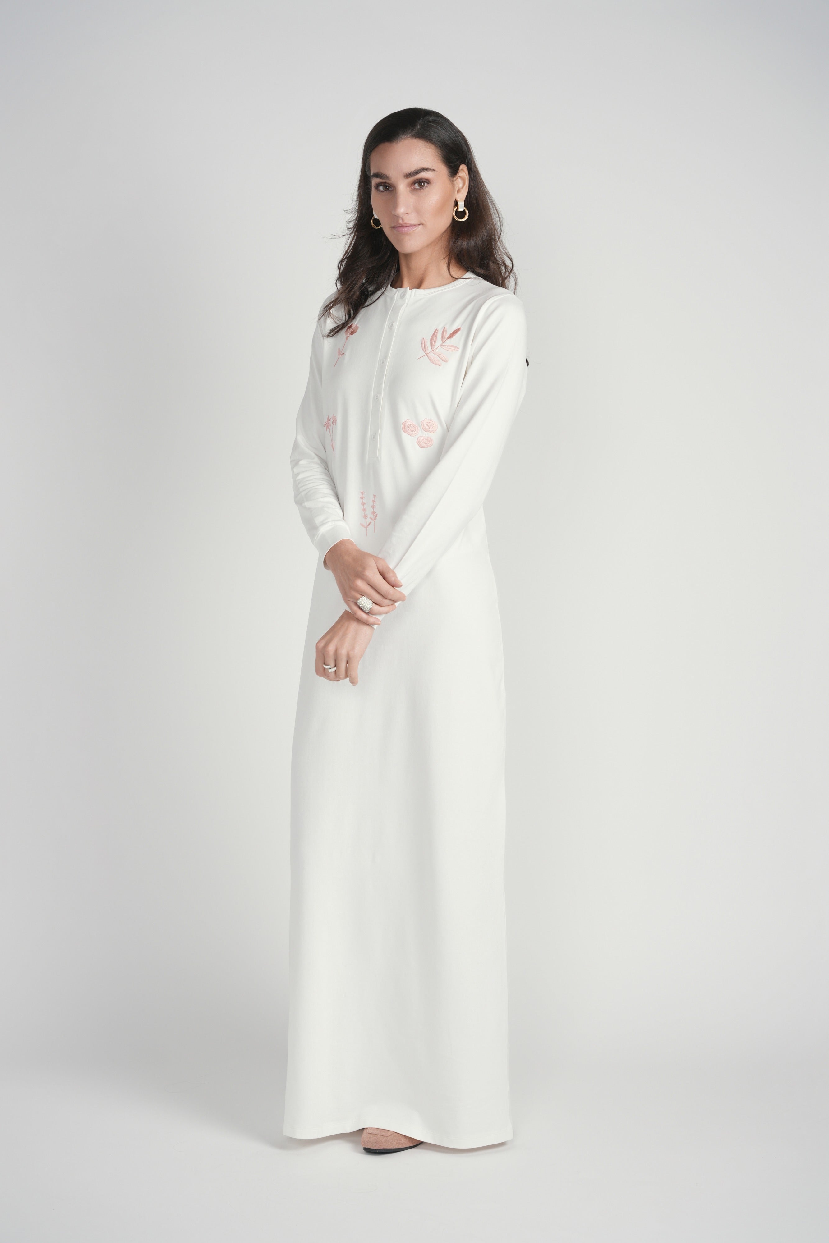Flower Detail Button Nightgown- White