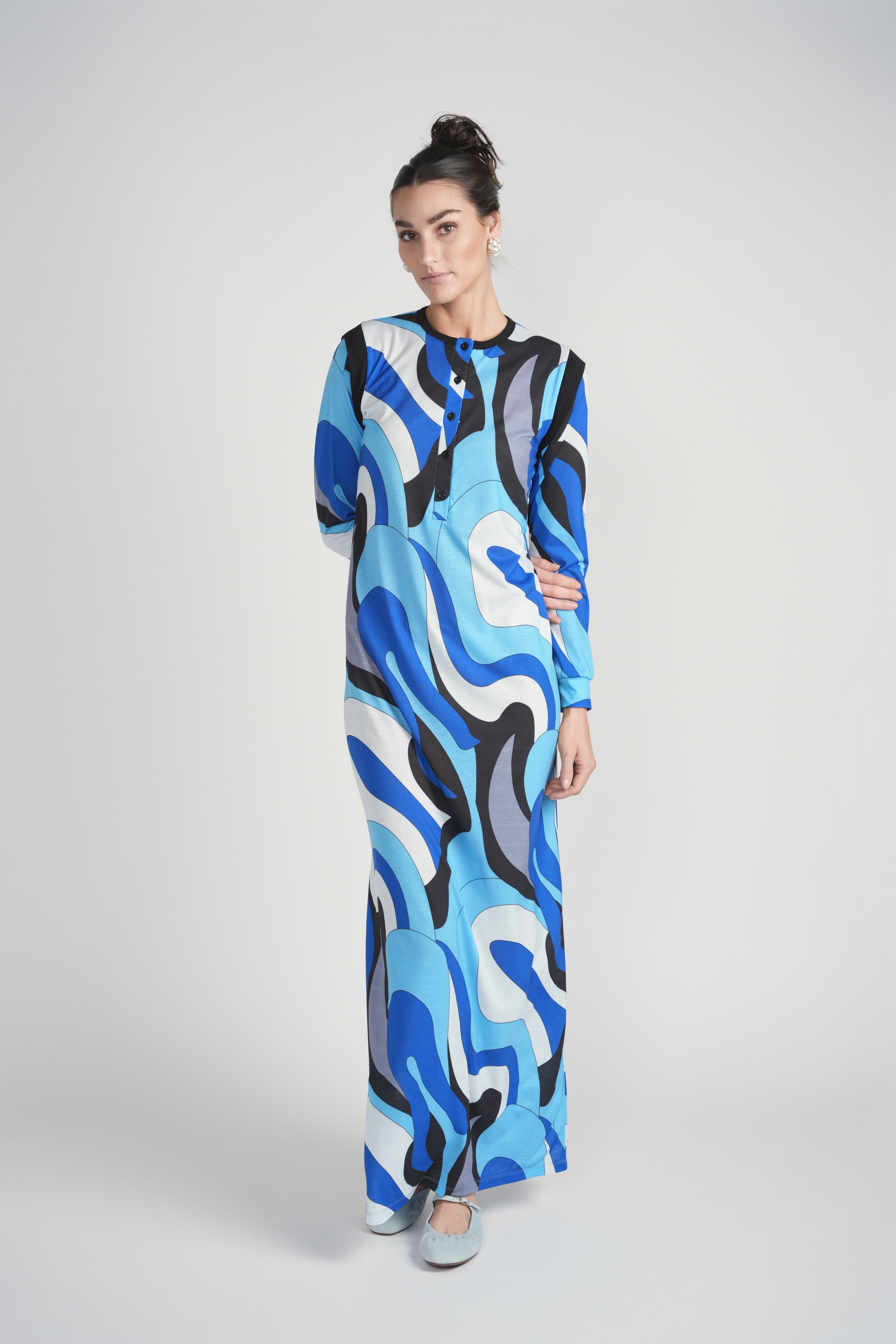 Detail Print Button Nightgown- Blue