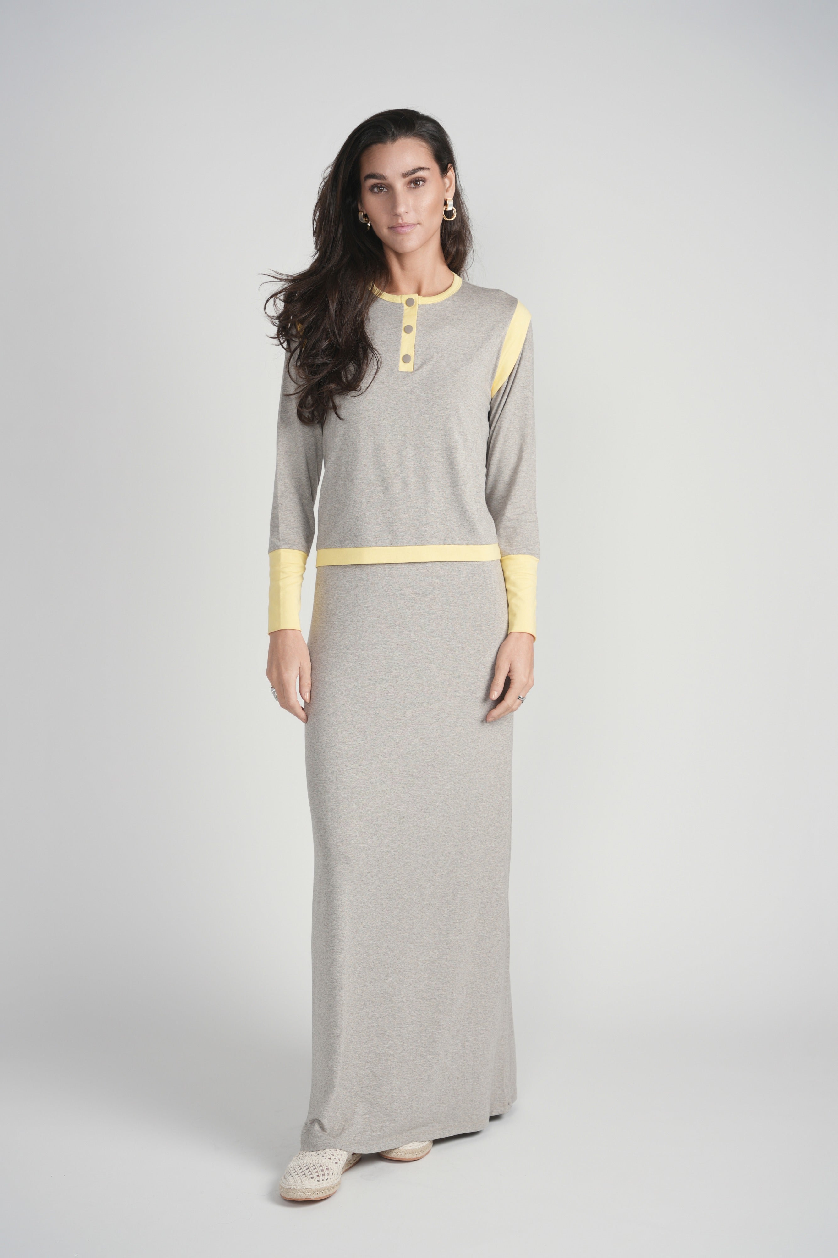 Yellow Detail Nursing Nightgown- Grey