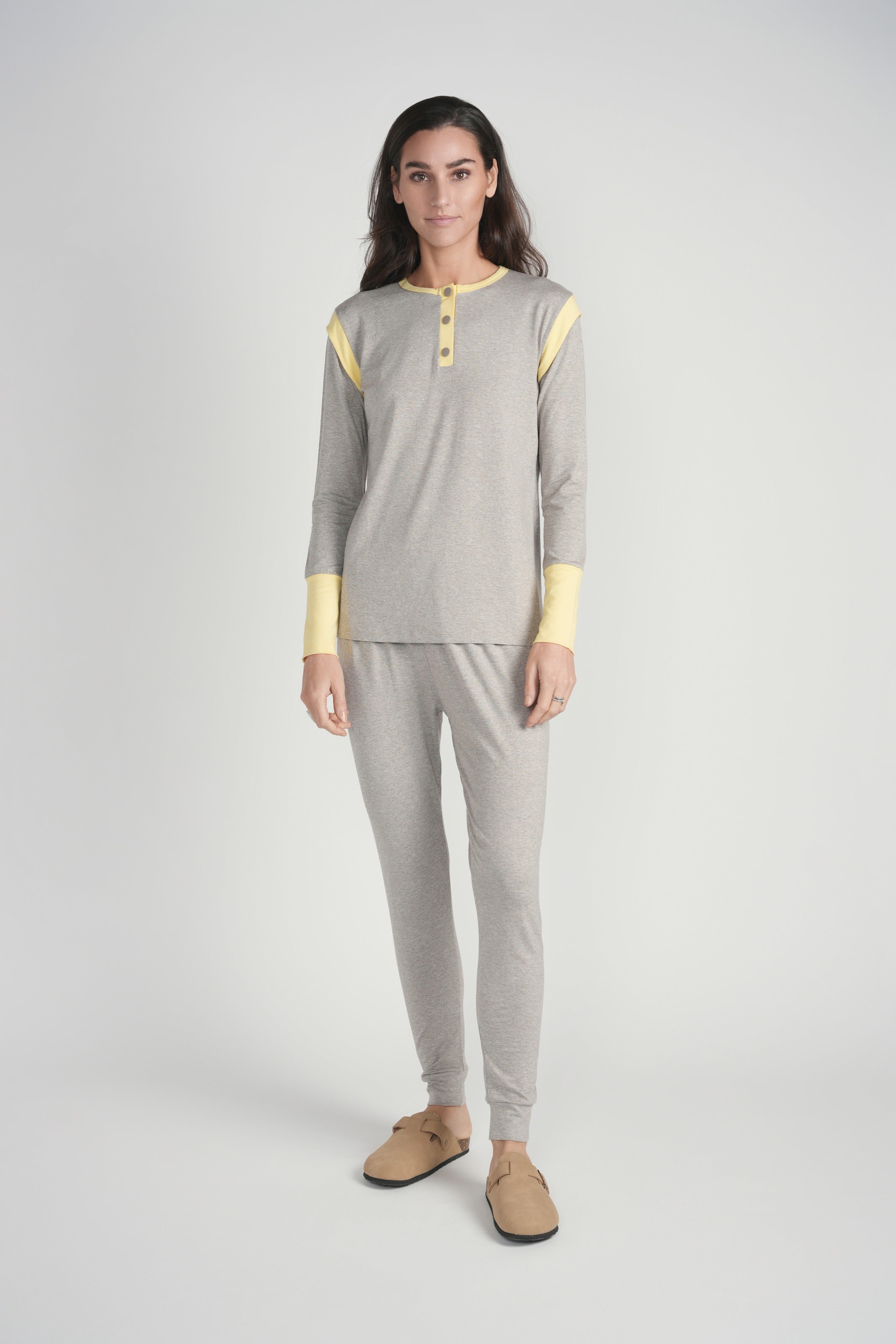 Yellow Detail Pajama- Grey
