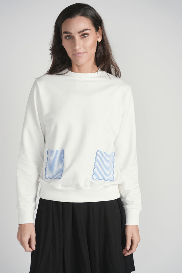 Seersucker Pocket Sweatshirt - White/Blue