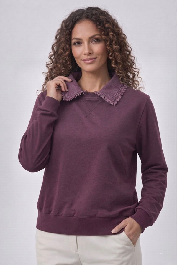 Denim Collar Sweatshirt - Plum