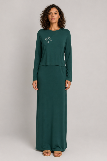 Raw Edge Embroidered Nursing Nightgown - Hunter Green