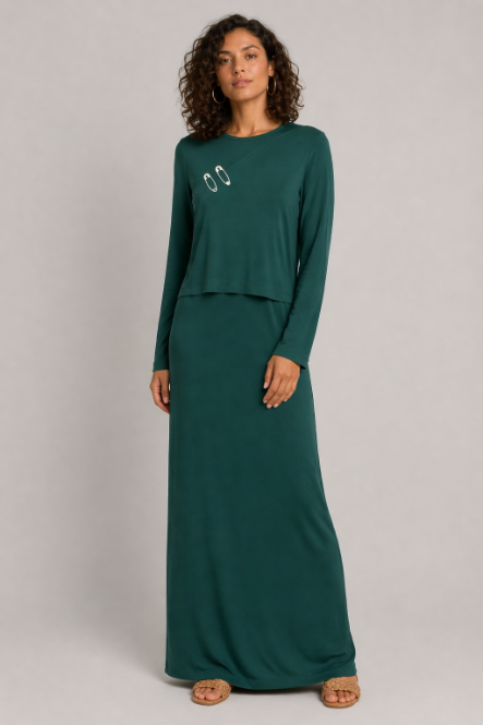 Raw Edge Embroidered Nursing Nightgown - Hunter Green