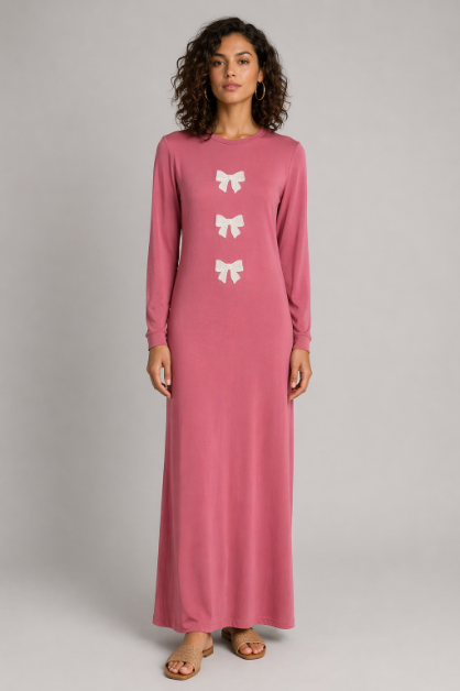 Bow Embroidered Design Side Nursing Nightgown - Pink
