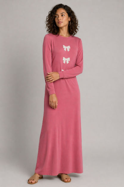 Bow Embroidered Design Side Nursing Nightgown - Pink