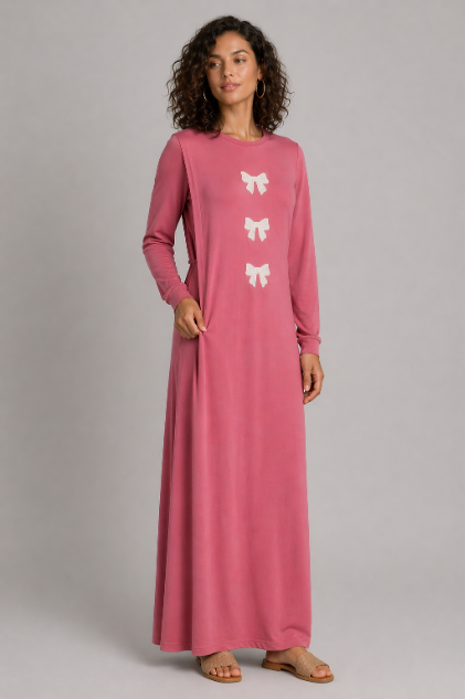 Bow Embroidered Design Side Nursing Nightgown - Pink