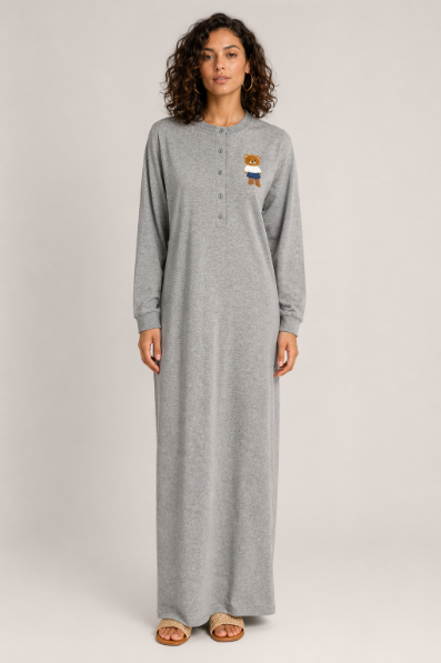 Embroidered Bear Nightgown - Grey