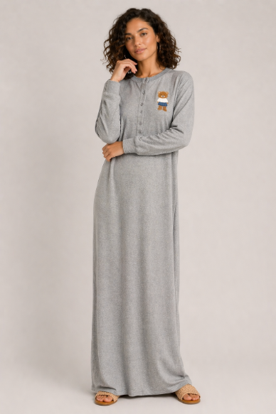 Embroidered Bear Nightgown - Grey