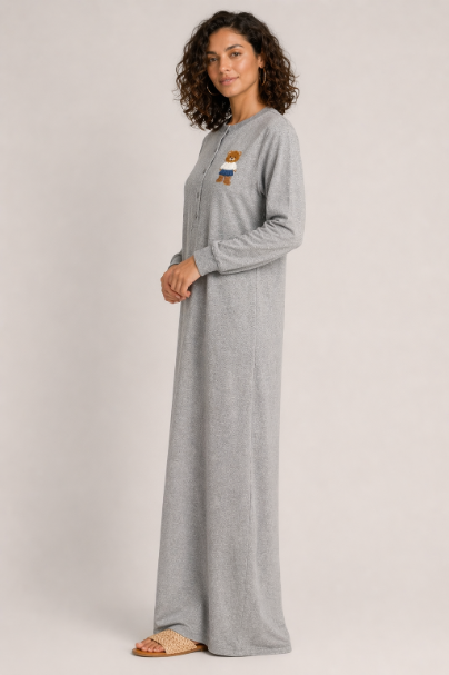 Embroidered Bear Nightgown - Grey