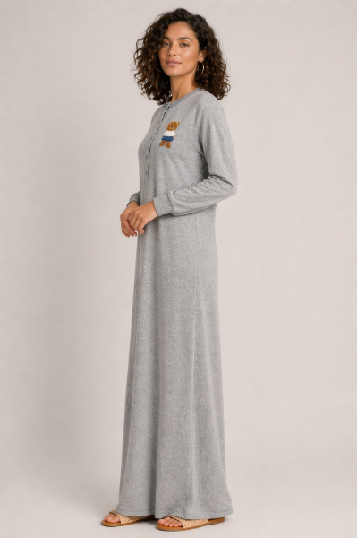 Embroidered Bear Nightgown - Grey