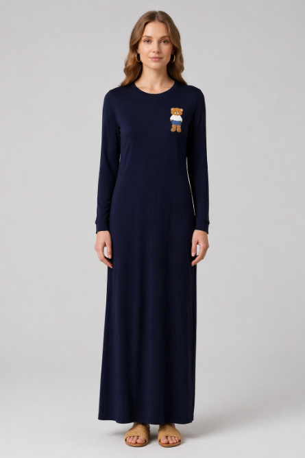 Embroidered Bear Nursing Nightgown - Navy