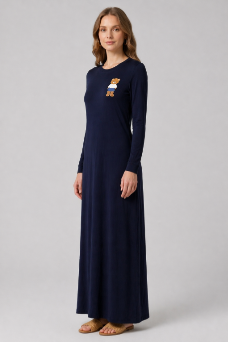 Embroidered Bear Nursing Nightgown - Navy