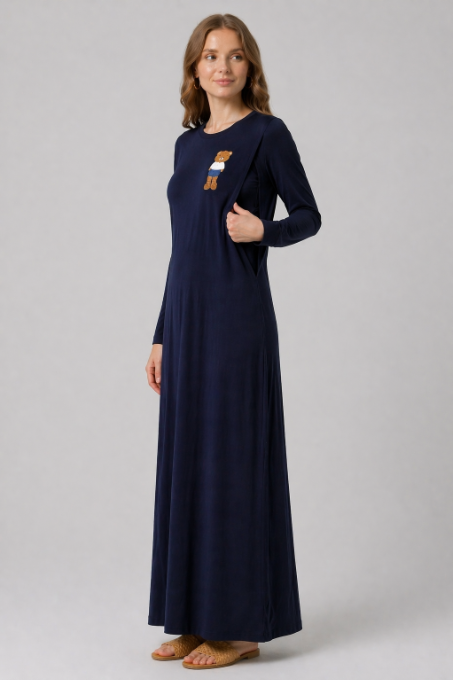 Embroidered Bear Nursing Nightgown - Navy