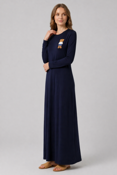 Embroidered Bear Nursing Nightgown - Navy
