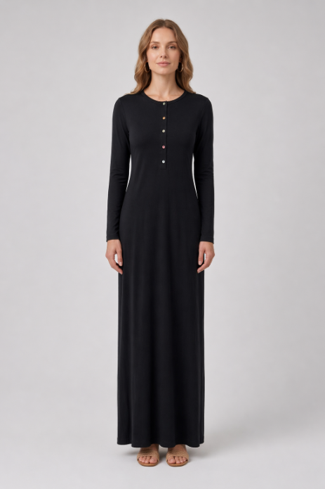 Rhinestone Button Nightgown - Black