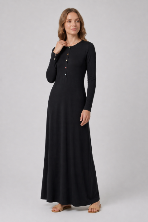 Rhinestone Button Nightgown - Black