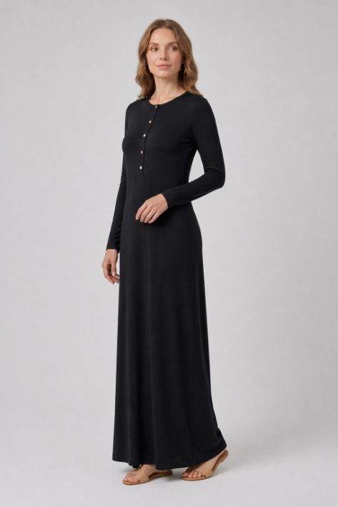 Rhinestone Button Nightgown - Black