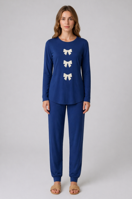 Bow Embroidered Pajamas - Blue