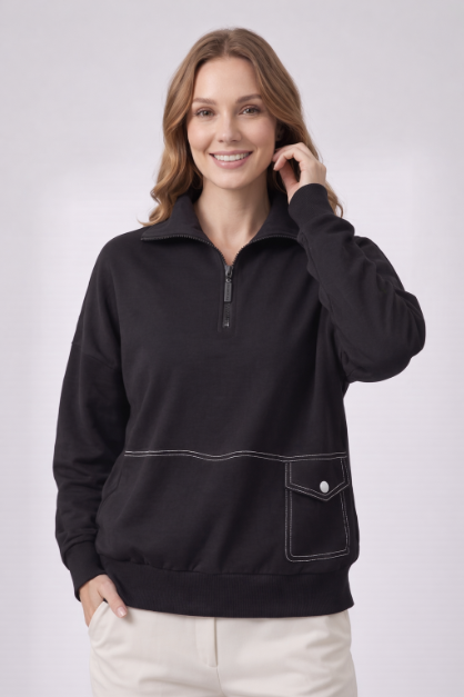Topstitch Pocket 1/4 Zip - Black