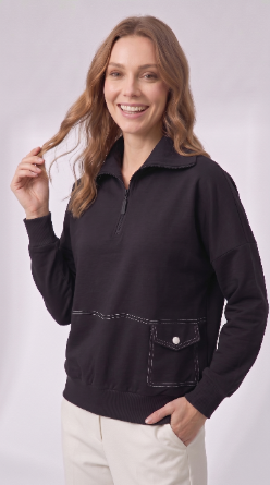 Topstitch Pocket 1/4 Zip - Black