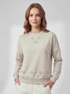 Flower Rhinestones Sweat - Heather Beige