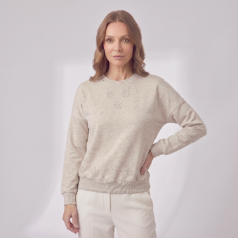 Flower Rhinestones Sweat - Heather Beige