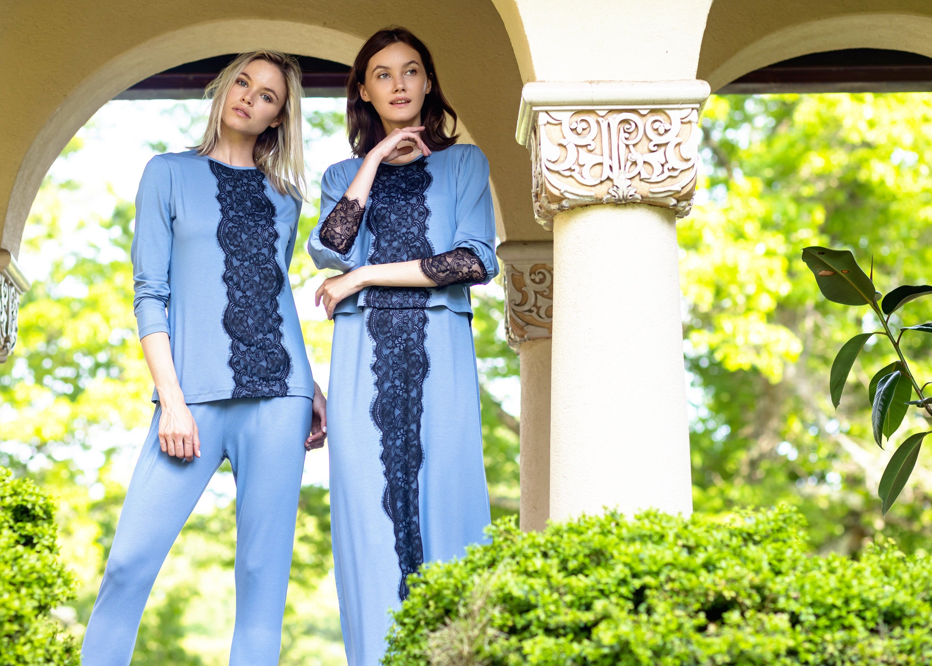 Lace Trim Pajamas - Steel Blue