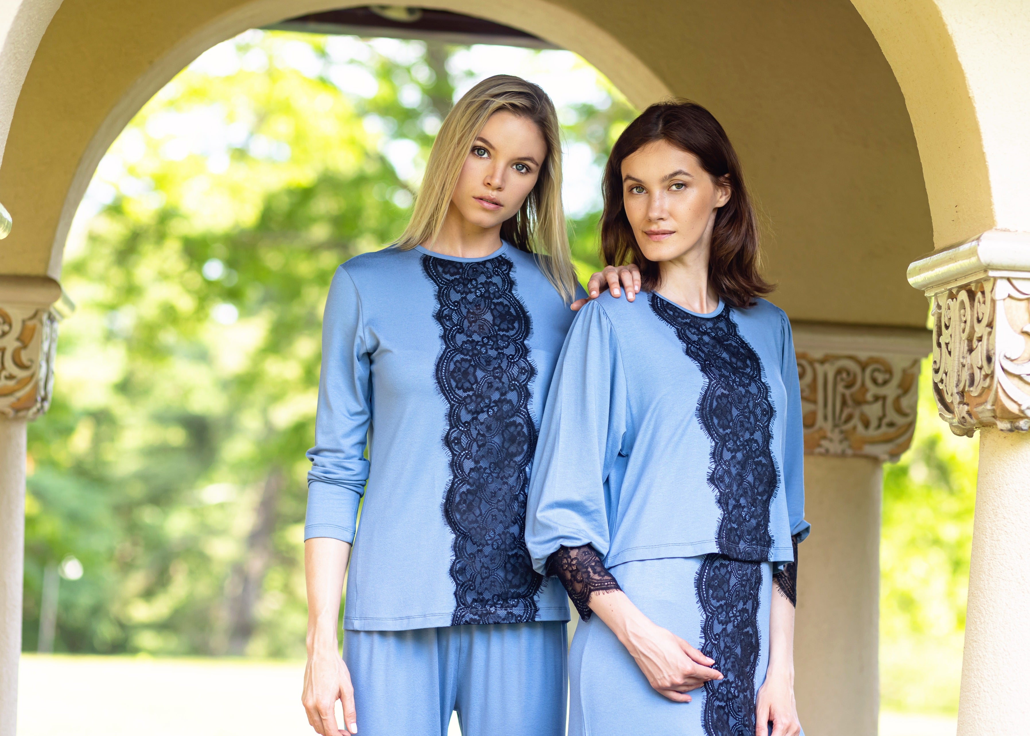 Lace Trim Pajamas - Steel Blue